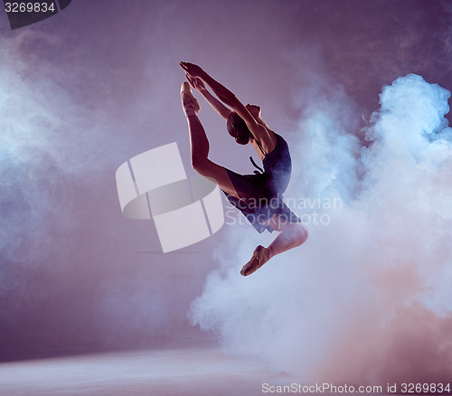 Image of Beautiful young ballet dancer jumping on a lilac background. 