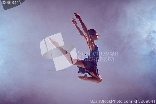 Image of Beautiful young ballet dancer jumping on a lilac background. 