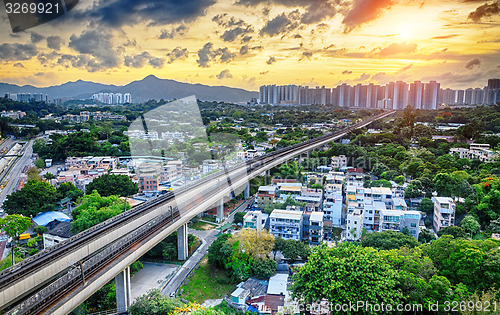 Image of hong kong urban downtown and sunset speed train