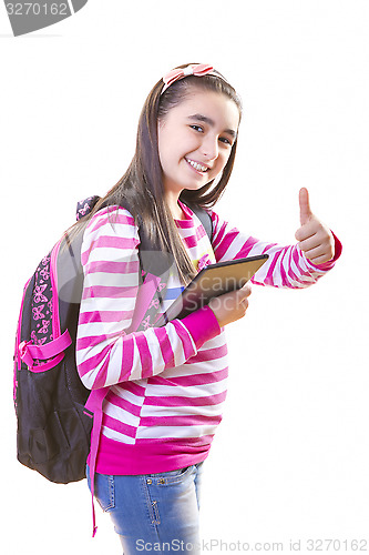 Image of Beautiful teenager girl with backpack and digital tablet