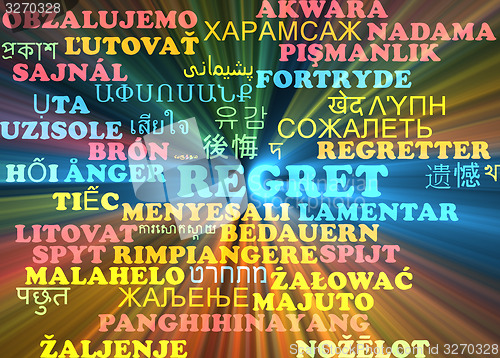Image of Regret multilanguage wordcloud background concept glowing