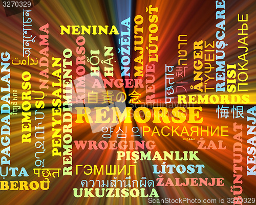 Image of Remorse multilanguage wordcloud background concept glowing