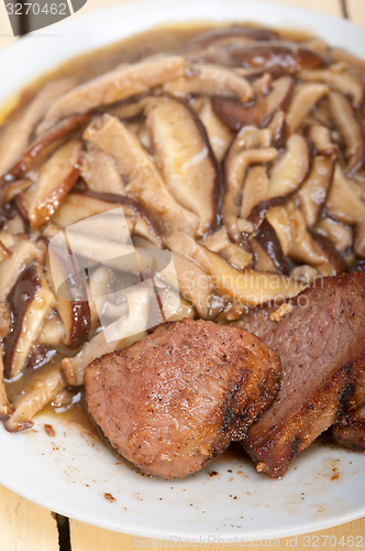 Image of venison deer game filet and wild mushrooms