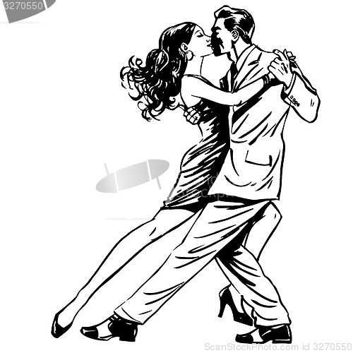 Image of Kiss man and woman dancing couple tango retro line art