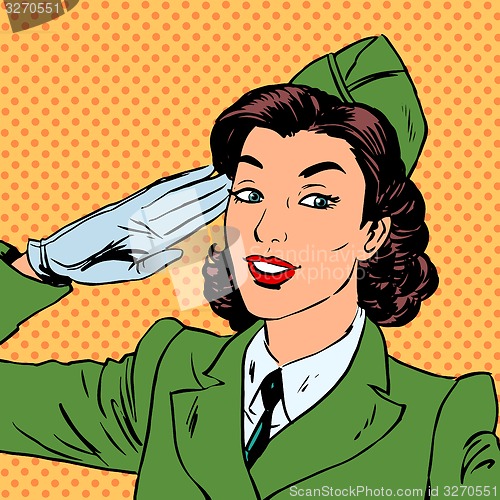 Image of  Woman pilot stewardess shape salutes art comics retro style Hal