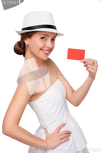 Image of Summer woman showing credit card with copy space