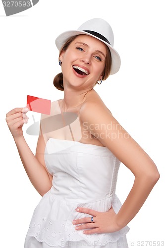 Image of Summer woman showing credit card with copy space