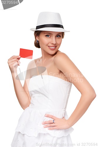 Image of Summer woman showing credit card with copy space