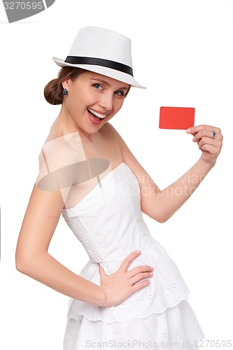 Image of Summer woman showing credit card with copy space