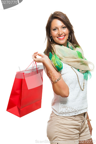 Image of Fashionable Woman Looking Inside a Shopping Bag