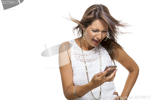 Image of Vivacious woman reacting to a text message