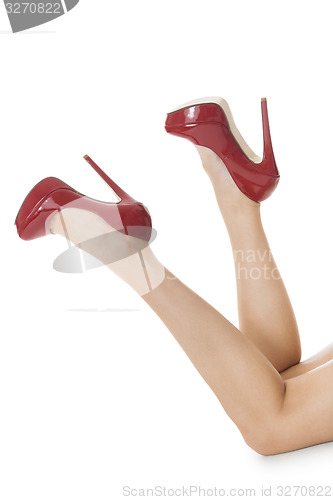 Image of Woman Legs in Elegant Red Shoes