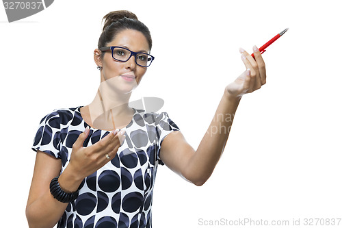 Image of Serious Woman in a Dress Holding Ballpoint Pen