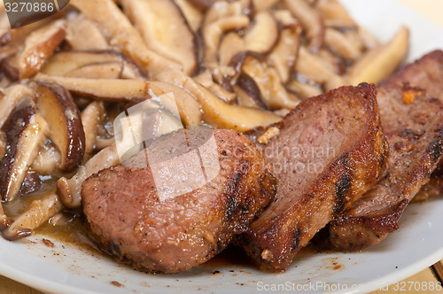 Image of venison deer game filet and wild mushrooms