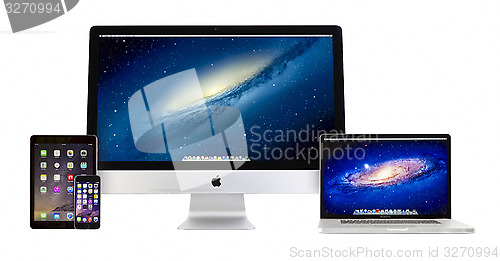 Image of Apple iMac 27 inch desktop Macbook Pro, iPad Air 2 and iPhone 6 