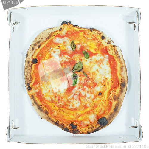 Image of Margherita pizza carton isolated
