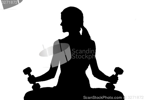 Image of Woman silhouette Working Out Bench Barbells White Background