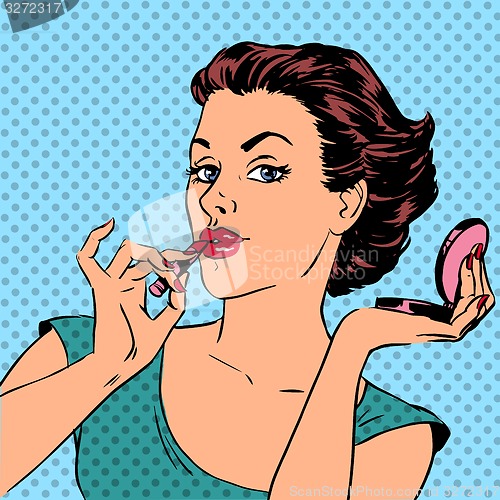 Image of Girl paints lips with lipstick cosmetics beauty perfumes pop art