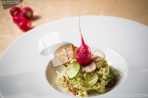 Image of Salad from cabbage, herbs, cucumber and radish in bowl.