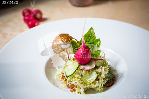 Image of Salad from cabbage, herbs, cucumber and radish in bowl.