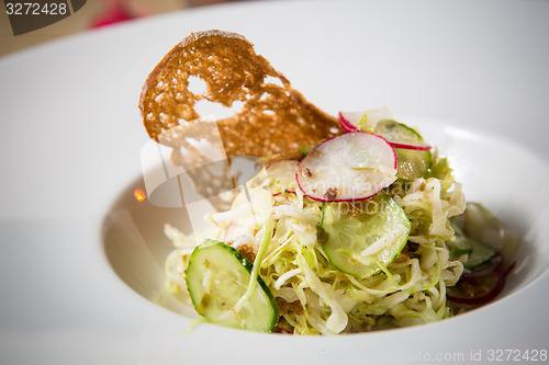 Image of Salad from cabbage, herbs, cucumber and radish in bowl.