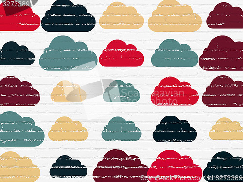 Image of Cloud networking concept: Cloud icons on wall background