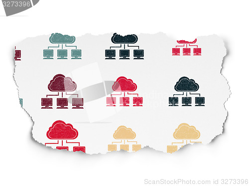 Image of Cloud networking concept: Cloud Network icons on Torn Paper background