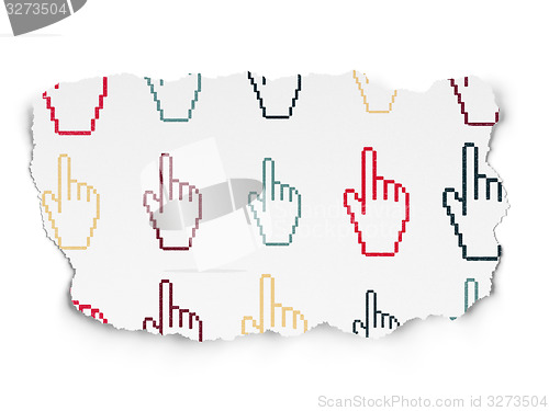 Image of Web design concept: Mouse Cursor icons on Torn Paper background