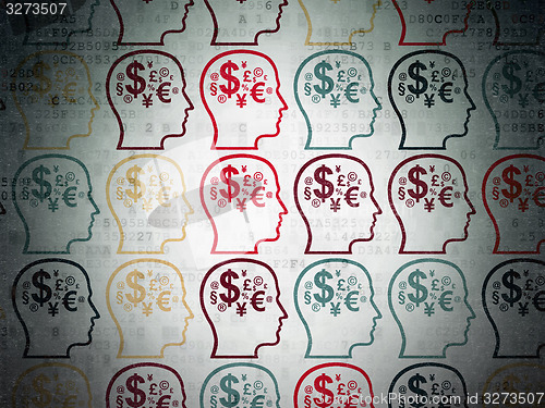 Image of Marketing concept: Head With Finance Symbol icons on Digital Paper background