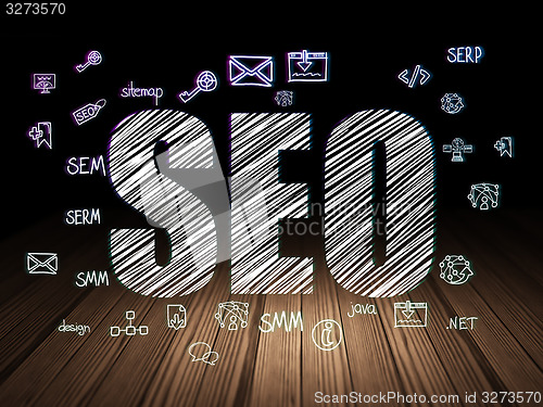 Image of Web design concept: SEO in grunge dark room