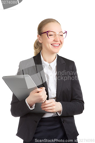 Image of Funny Businesswoman With Laptop Laughing