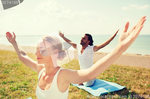 Image of smiling couple making yoga exercises outdoors