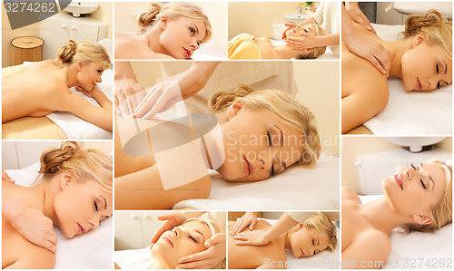 Image of woman having facial or body massage in spa salon