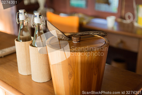 Image of kitchenware on table at hotel room