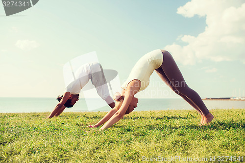 Image of smiling couple making yoga exercises outdoors