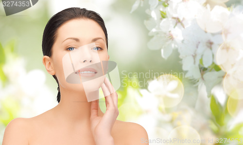 Image of beautiful young woman touching her face