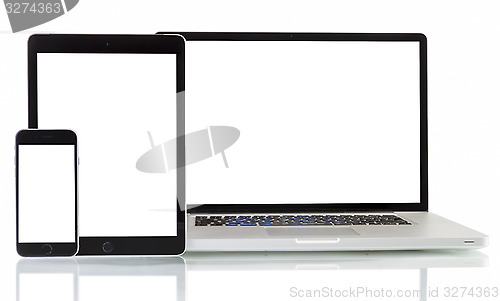 Image of modern laptop, phone, tablet on a white background