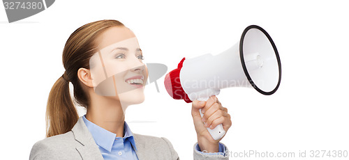 Image of smiling businesswoman with megaphone