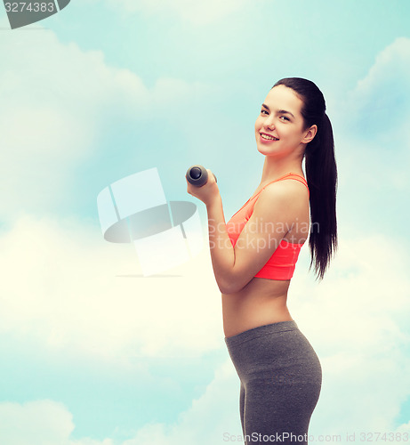 Image of young sporty woman with light dumbbells