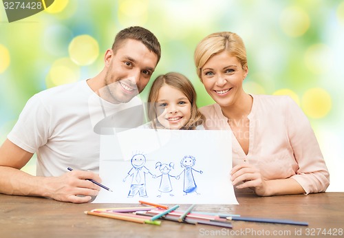 Image of happy family with drawing pencils and picture