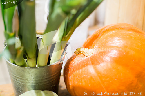 Image of vegetables in baskets on table at market or farm