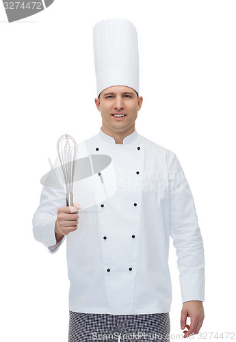 Image of happy male chef cook with whisk