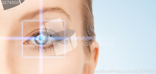 Image of beautiful woman pointing to eye