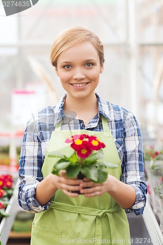 Image of happy woman holding flowers in greenhouse