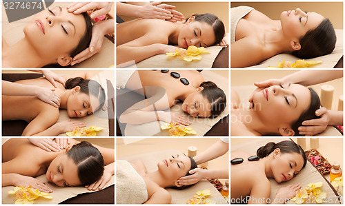 Image of woman having facial or body massage in spa salon