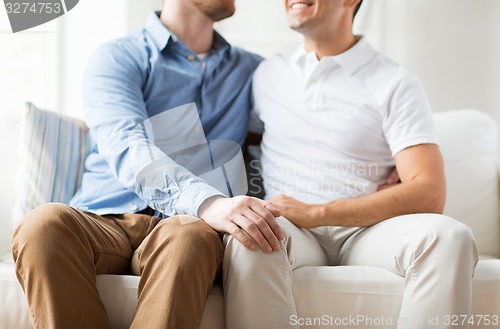 Image of close up of happy male gay couple hugging at home