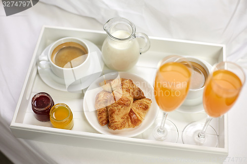 Image of close up of breakfast on tray in bed