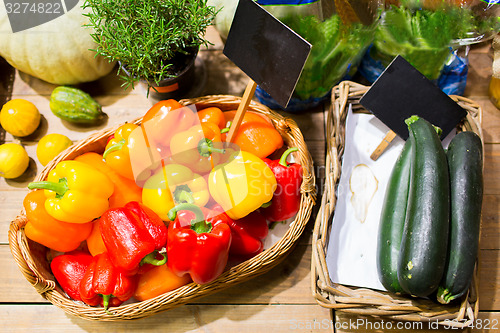 Image of vegetables in baskets with nameplates at market