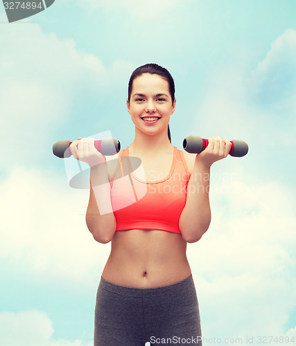 Image of young sporty woman with light dumbbells