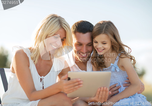 Image of happy family with tablet pc taking picture